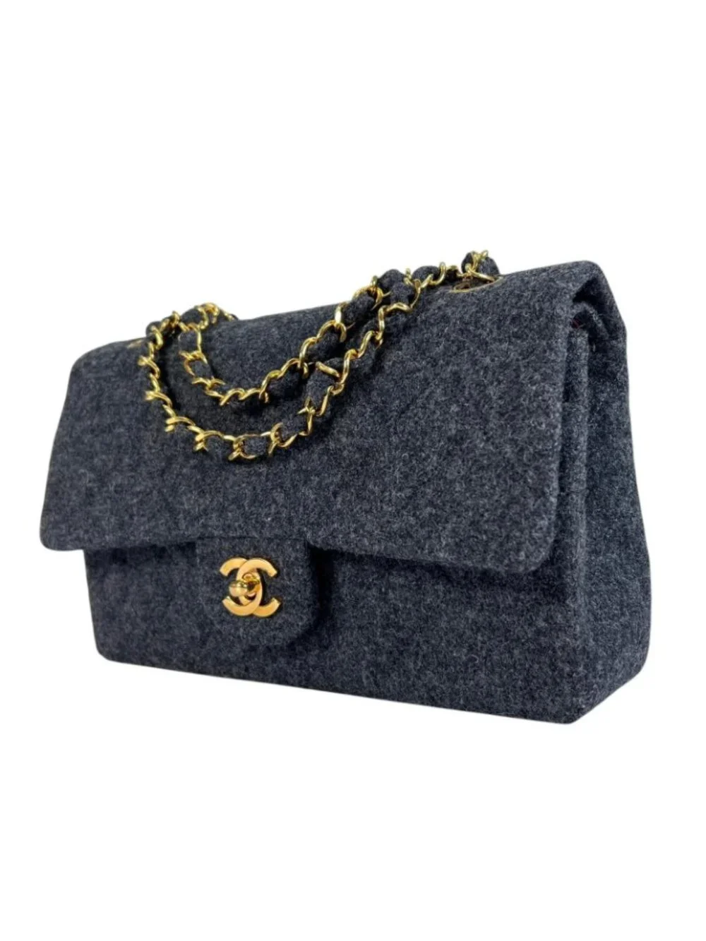 Chanel Quilted Shoulder Bag Wool Gray Double Flap Chain CC Logo